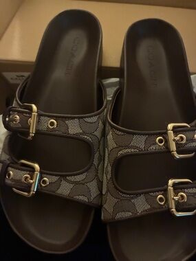 Coach Monogram Slide Sandal in Brown and Gold